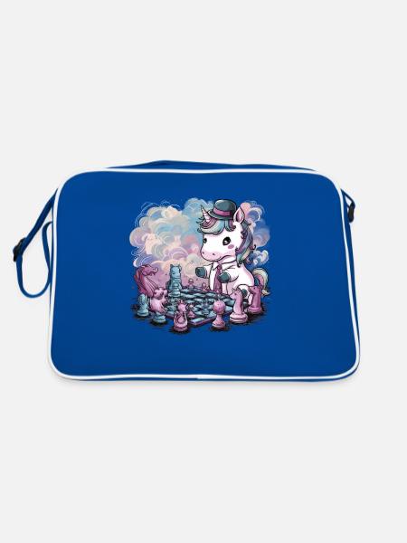 Kawaii unicorn playing chess with chess pieces - Retro Bag - blue/white - Back