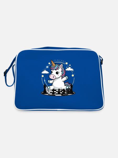 Kawaii unicorn playing chess with chess pieces - Retro Bag - blue/white - Back