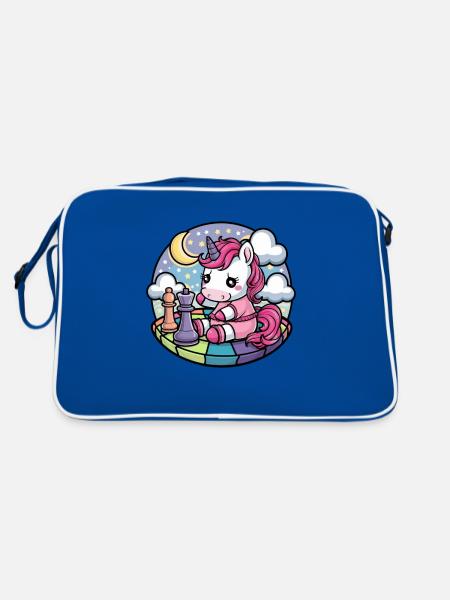 Kawaii unicorn playing chess with chess pieces - Retro Bag - blue/white - Back