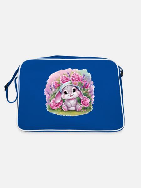 Mignon lapin kawaii avec des roses et de la lavande - Sac Retro - bleu/blanc - Dos