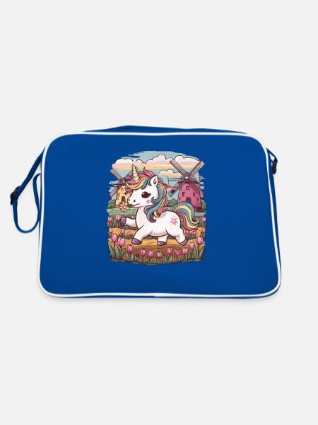 Kawaii unicorn with tulips and windmills - Retro Bag - blue/white - Back