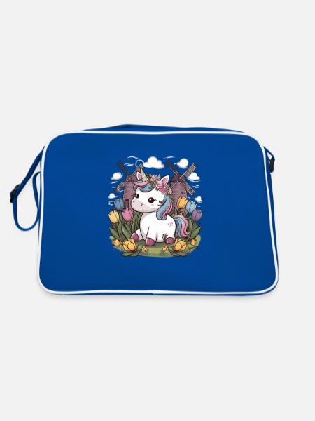 Kawaii unicorn with tulips and windmills - Retro Bag - blue/white - Back