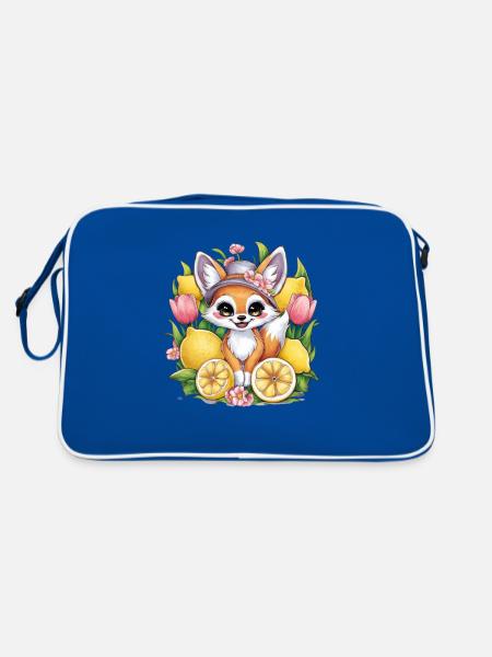 Fennec desert fox with tulips and lemons. - Retro Bag - blue/white - Back