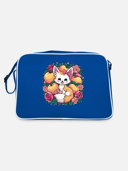 Kawaii Fennec Desert Fox with Peaches - Retro Bag - blue/white - Back