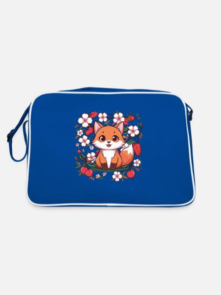 Kawaii Fox with Cherries and Sakura Cherry Blossoms - Retro Bag - blue/white - Back