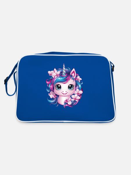 Süßes Einhorn mit Orchideen - Retro Tasche - Blau/Weiß - Hinten