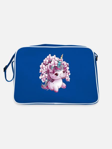 Süßes Einhorn mit Orchideen - Retro Tasche - Blau/Weiß - Hinten