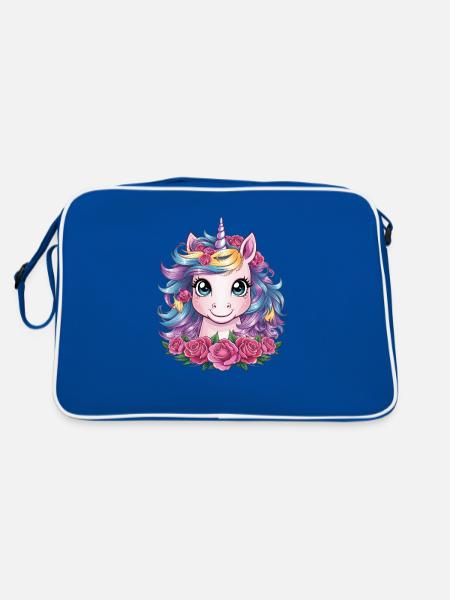 Kawaii Einhorn mit Rosen - Retro Tasche - Blau/Weiß - Hinten