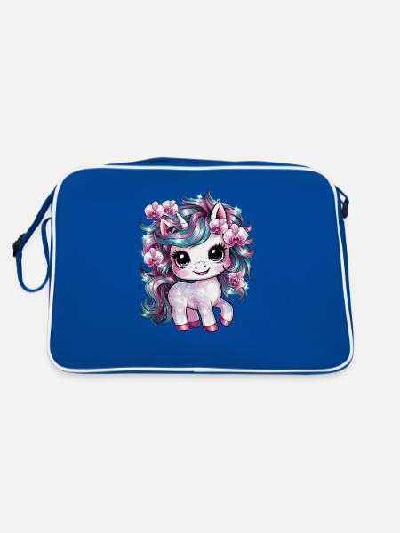 Süßes Einhorn mit Orchideen - Retro Tasche - Blau/Weiß - Hinten