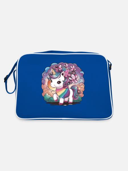 Kawaii Einhorn mit Schmetterlingen - Retro Tasche - Blau/Weiß - Hinten