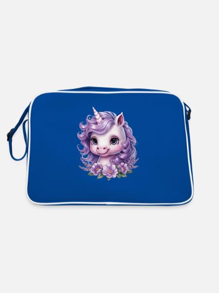 Kawaii Unicorn with Violet Flowers - Retro Bag - blue/white - Back