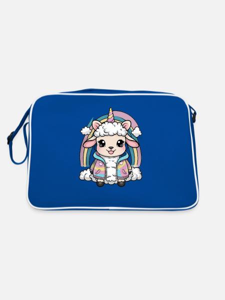 Kawaii Schaf mit Einhorn Outfit - Retro Tasche - Blau/Weiß - Hinten