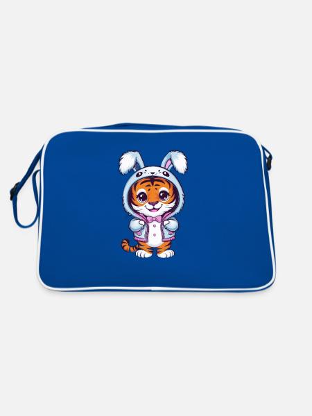 Kawaii Tiger mit niedlichem Häschen Outfit - Retro Tasche - Blau/Weiß - Hinten