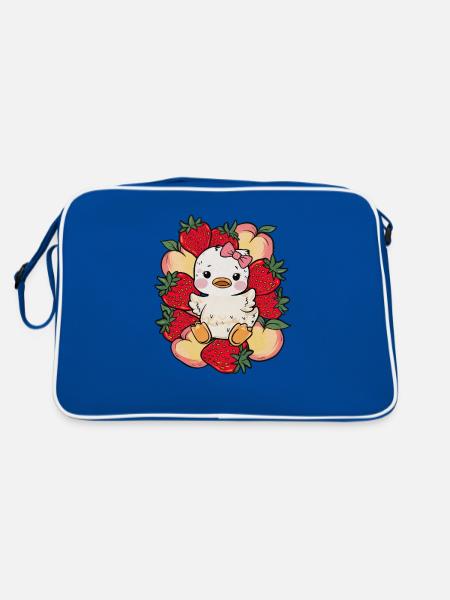 Cartoon Kawaii Duckling with Peaches, Strawberries - Retro Bag - blue/white - Back