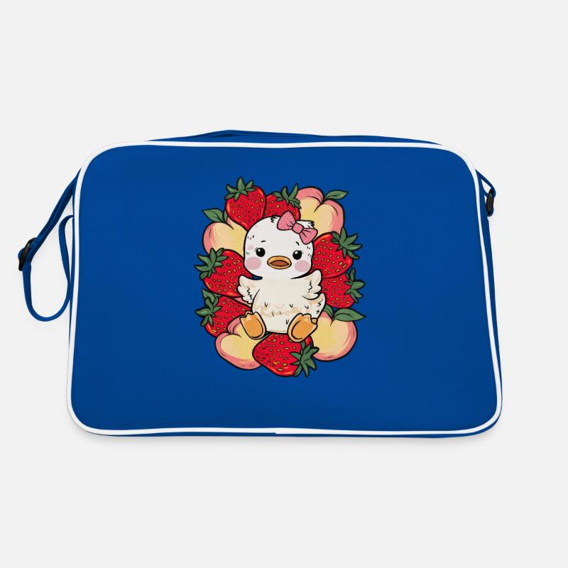 Cartoon Kawaii Entchen mit Pfirsichen, Erdbeeren Retro Tasche