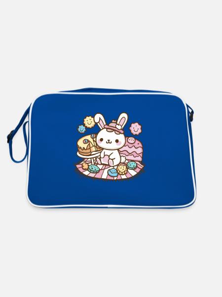 Dessin animé lapin kawaii avec des biscuits et un gâteau - Sac Retro - bleu/blanc - Dos
