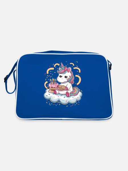 Licorne Kawaii de dessin animé avec des biscuits et un gâteau - Sac Retro - bleu/blanc - Dos