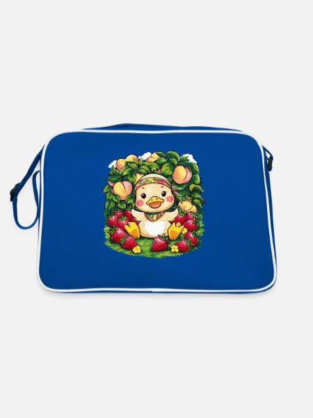 Cartoon Kawaii Duckling with Peaches, Strawberries - Retro Bag - blue/white - Back