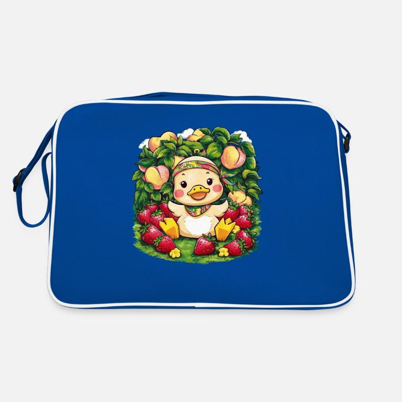 Cartoon Kawaii Entchen mit Pfirsichen, Erdbeeren Retro Tasche
