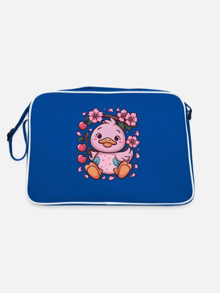 Duckling with cherries and sakura cherry blossoms - Retro Bag - blue/white - Back