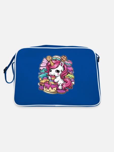 Licorne Kawaii de dessin animé avec des biscuits et un gâteau - Sac Retro - bleu/blanc - Dos