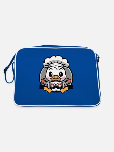 Caneton dans le style d’un dessin animé avec une toque de chef et des sushis - Sac Retro - bleu/blanc - Dos