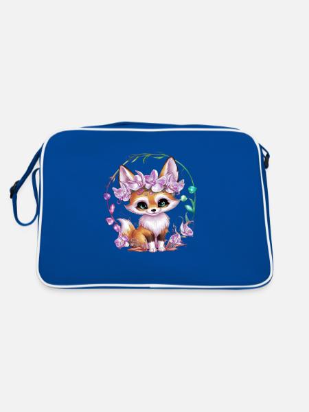 Fennek Wüstenfuchs mit Krone und Orchideen - Retro Tasche - Blau/Weiß - Hinten