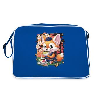 Cartoon Kawaii Fennek Wüstenfuchs mit grünem Tee - Retro Tasche - Blau/Weiß - Hinten