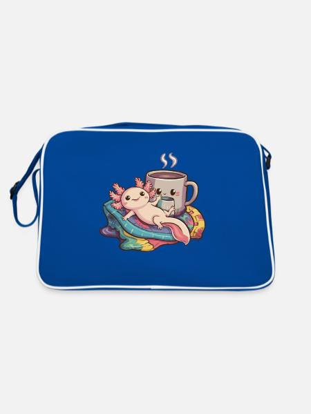 Kawaii Axolotl mit Decke und - Retro Tasche - Blau/Weiß - Hinten