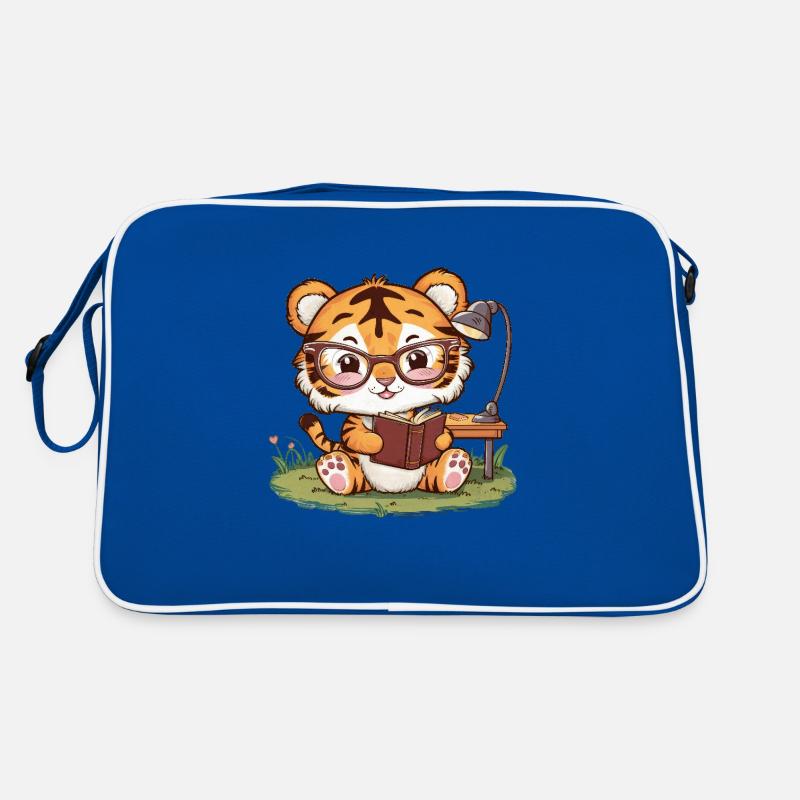 Tigre kawaii dans le style dessin animé avec livre Sac Retro