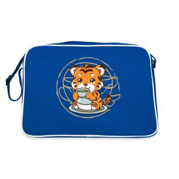 Tiger im Cartoon Stil mit grünem Tee - Retro Tasche - Blau/Weiß - Hinten