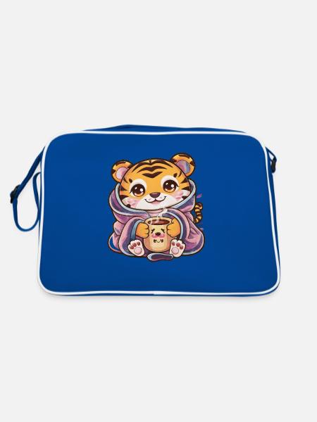 Kawaii Tiger mit Tasse und Decke - Retro Tasche - Blau/Weiß - Hinten