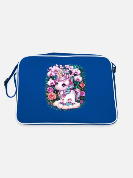 Kawaii Unicorn with Roses and Orchids - Retro Bag - blue/white - Back
