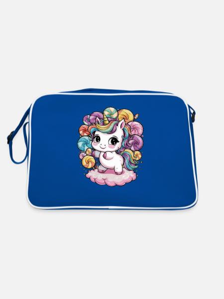 Kawaii Einhorn mit Süßigkeiten - Retro Tasche - Blau/Weiß - Hinten