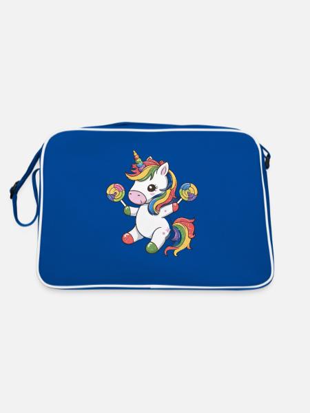 Kawaii Einhorn mit Süßigkeiten - Retro Tasche - Blau/Weiß - Hinten