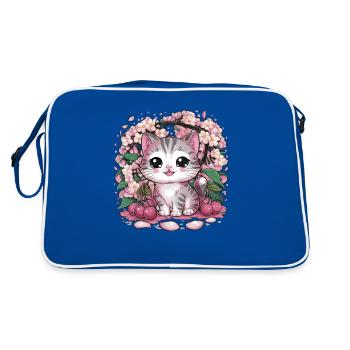 Kawaii Katze mit Kirschblüten und Kirschen - Retro Tasche - Blau/Weiß - Hinten