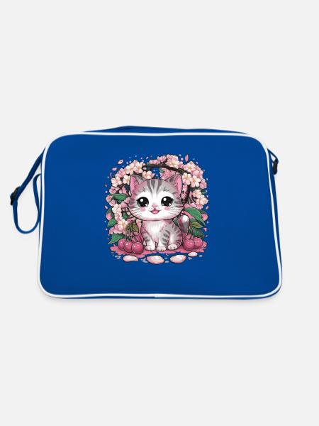 Kawaii Katze mit Kirschblüten und Kirschen - Retro Tasche - Blau/Weiß - Hinten