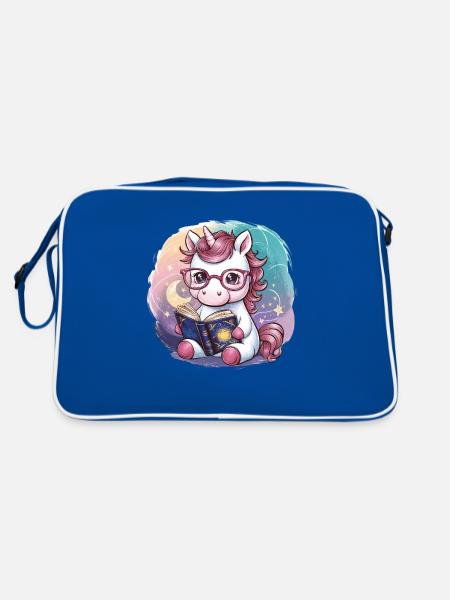 Kawaii Einhorn mit Brille und Buch - Retro Tasche - Blau/Weiß - Hinten