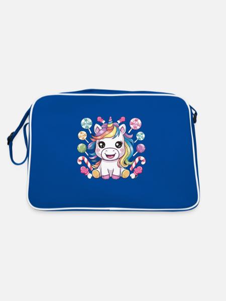Kawaii Einhorn mit Süßigkeiten - Retro Tasche - Blau/Weiß - Hinten
