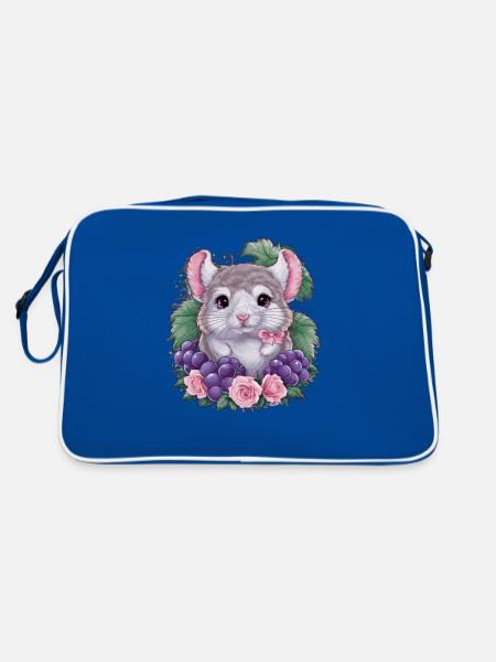 Kawaii Chinchilla mit roten Trauben und Rosen - Retro Tasche - Blau/Weiß - Hinten
