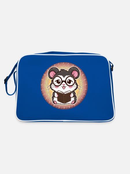 Schnuffiger Kawaii Hamster mit Buch & Lesebrille - Retro Tasche - Blau/Weiß - Hinten