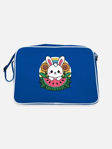 Kawaii bunny with sunflower and watermelon - Retro Bag - blue/white - Back