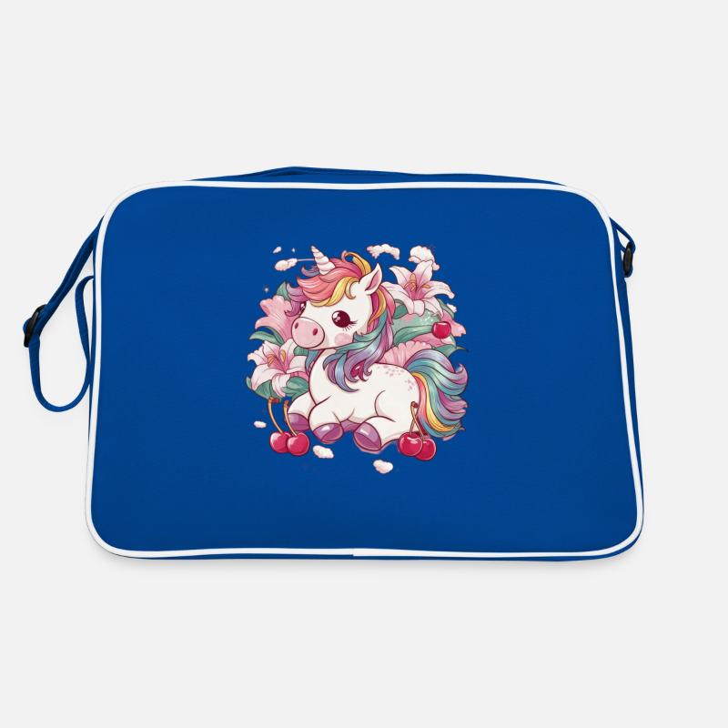 Cartoon Kawaii Einhorn mit Kirschen und Lillien Retro Tasche