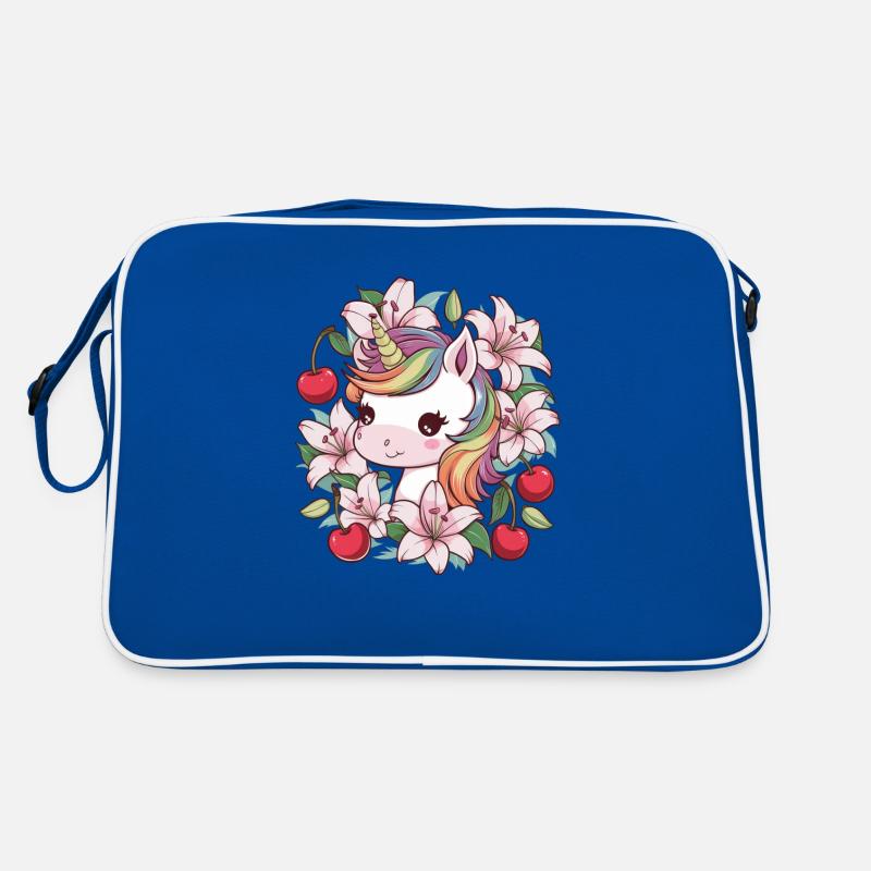 Cartoon Kawaii Einhorn mit Kirschen und Lillien Retro Tasche