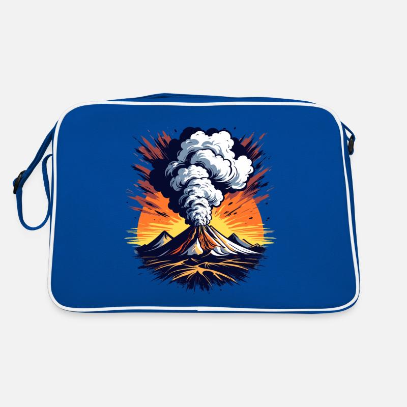 Vulkanausbruch, Eruption mit Aschewolke und Lava Retro Tasche