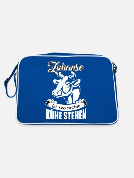 Landwirt, Zuhause ist wo meine Kühe stehen, Kuh - Retro Tasche - Blau/Weiß - Hinten