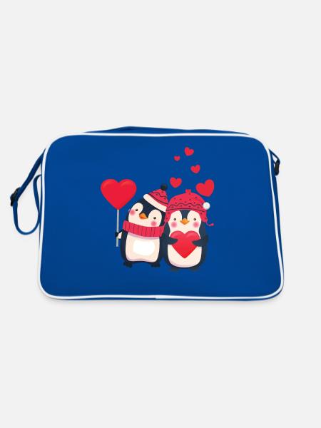 Sweet penguin couple with hearts - Retro Bag - blue/white - Back