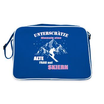 Skifahrerin, Alte Frau auf Skiern - Retro Tasche - Blau/Weiß - Hinten