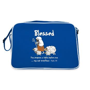 Christliches Design Gesegnete Schafe genießen Gottes - Retro Tasche - Blau/Weiß - Hinten