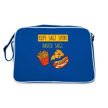 Kopf sagt Sport Bauch sagt Fast Food - Spruch - Retro Tasche - Blau/Weiß - Hinten